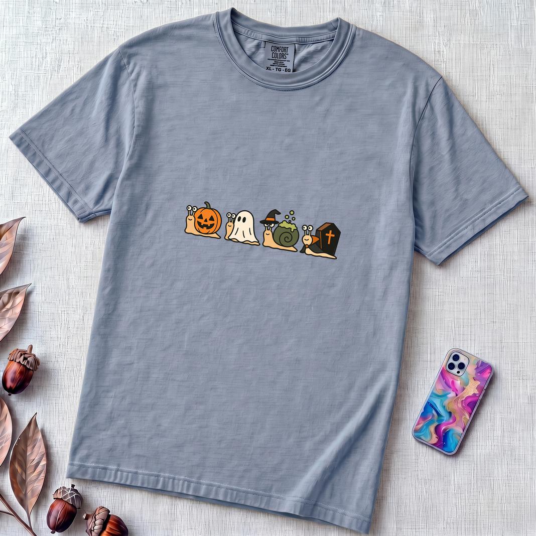 Halloween Snail Squad T-Shirt - Washed Denim unfolded t-shirt mockup