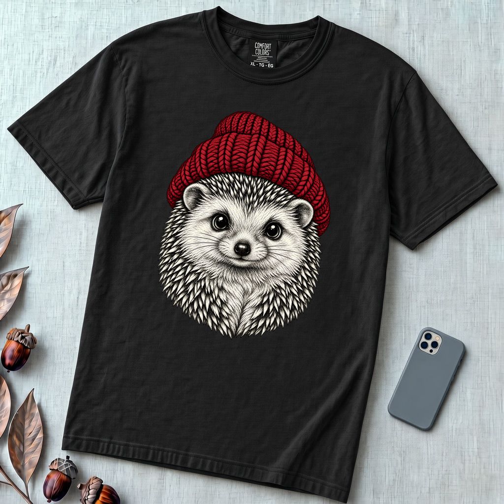 Hedgehog in a Red Beanie T-Shirt - Black unfolded t-shirt mockup