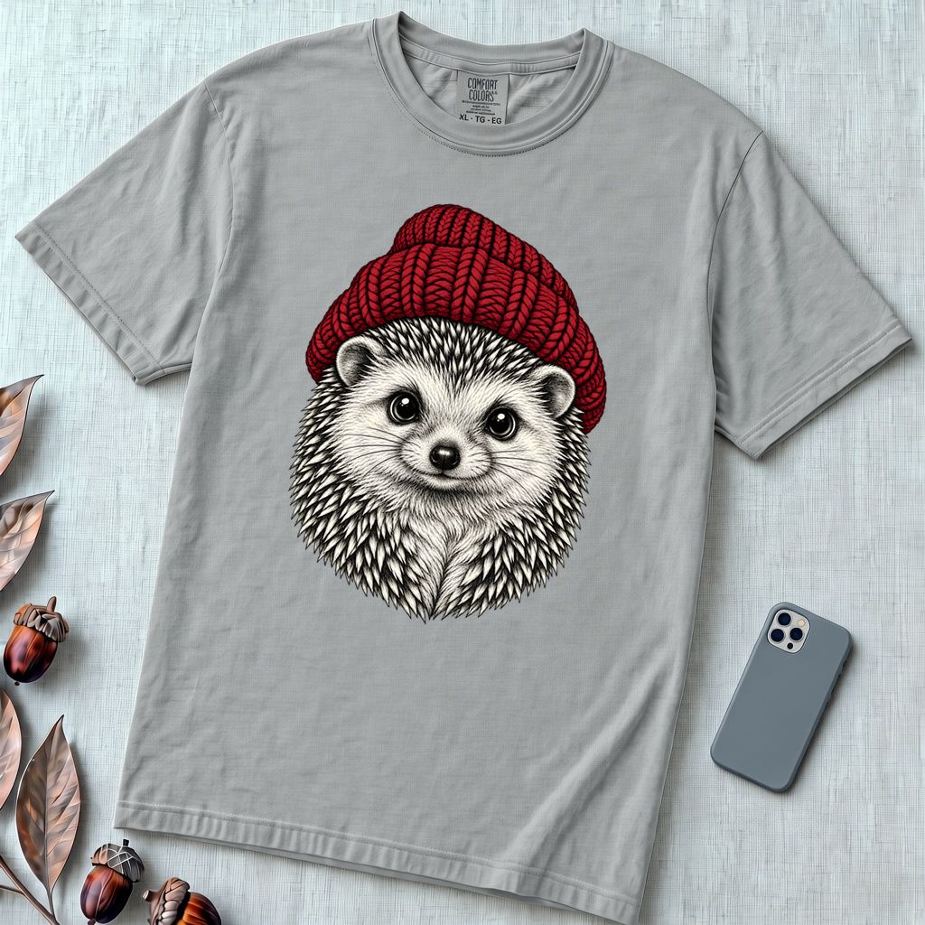 Hedgehog in a Red Beanie T-Shirt - Granite unfolded t-shirt mockup