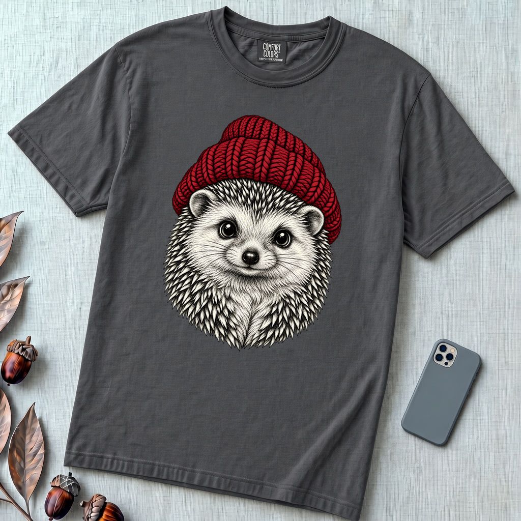 Hedgehog in a Red Beanie T-Shirt - Graphite unfolded t-shirt mockup