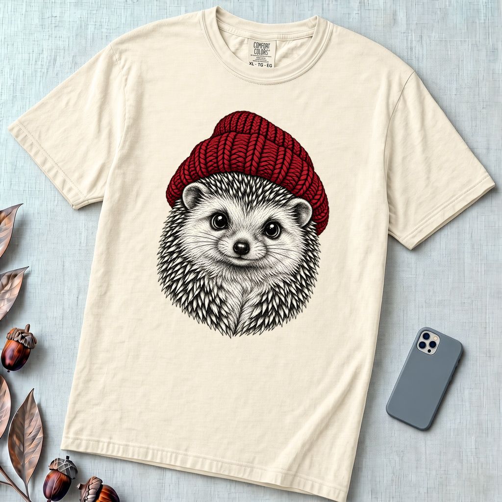 Hedgehog in a Red Beanie T-Shirt - Ivory unfolded t-shirt mockup