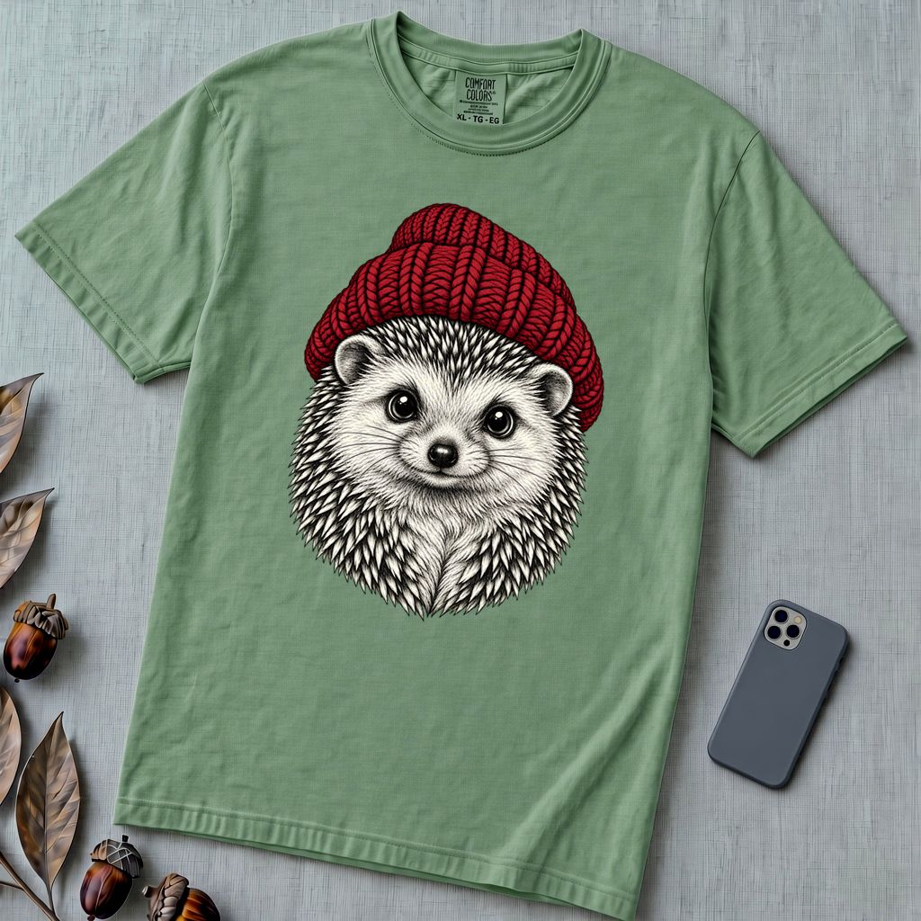 Hedgehog in a Red Beanie T-Shirt - Light Green unfolded t-shirt mockup