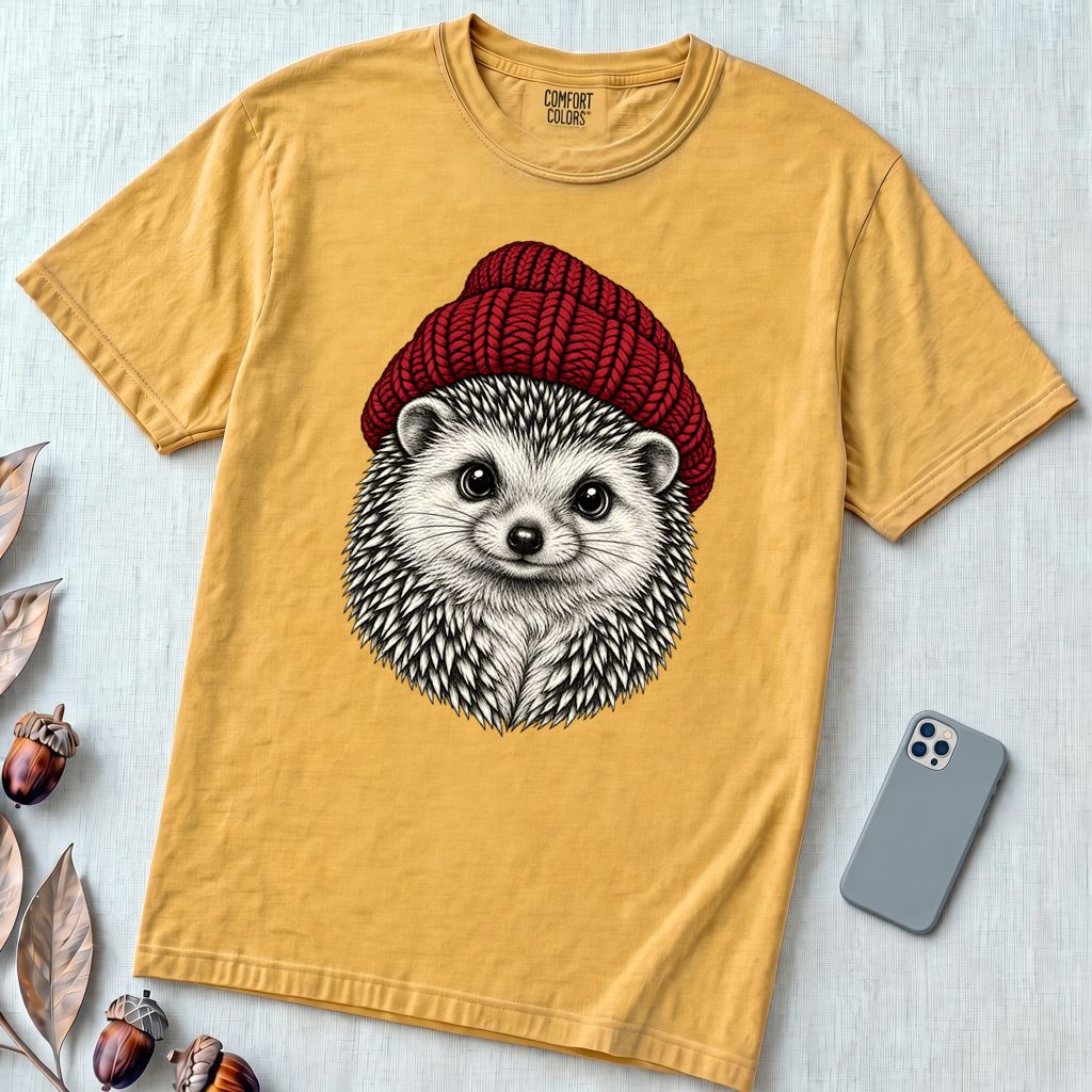 Hedgehog in a Red Beanie T-Shirt - Mustard unfolded t-shirt mockup