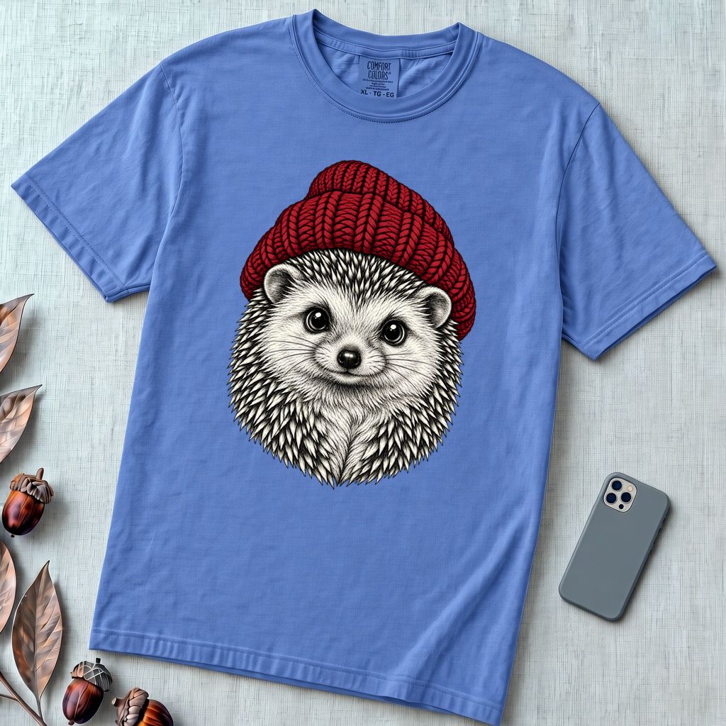 Hedgehog in a Red Beanie T-Shirt - Mystic Blue unfolded t-shirt mockup