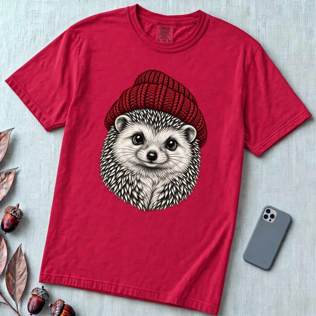 Hedgehog in a Red Beanie T-Shirt - Red unfolded t-shirt mockup