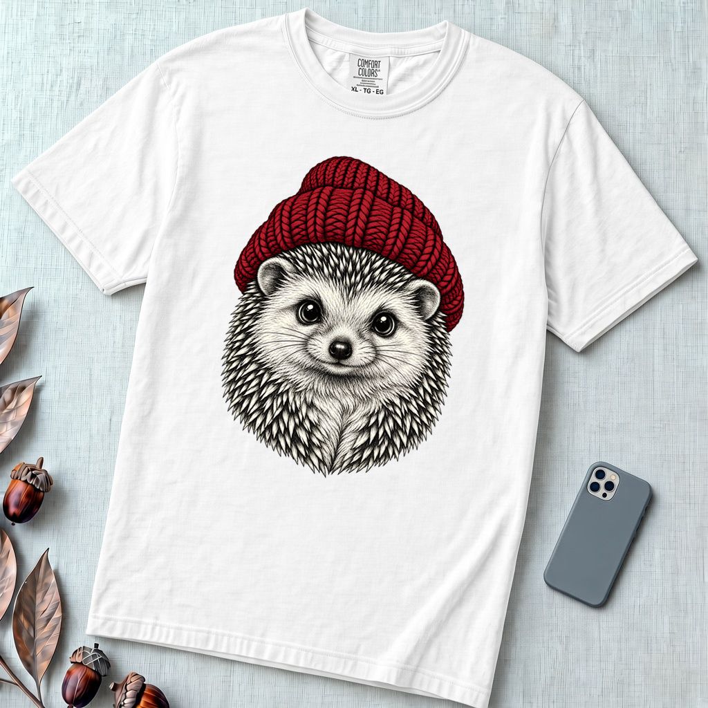 Hedgehog in a Red Beanie T-Shirt - White unfolded t-shirt mockup