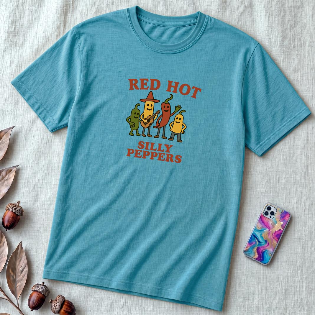 Hot peppers shirt, Red hot silly pepper t-shirt, silly shirt, chili peppers tee, Funny Red Hot Band Tee | Spicy Music Shirt - Heather Aqua unfolded t-shirt mockup