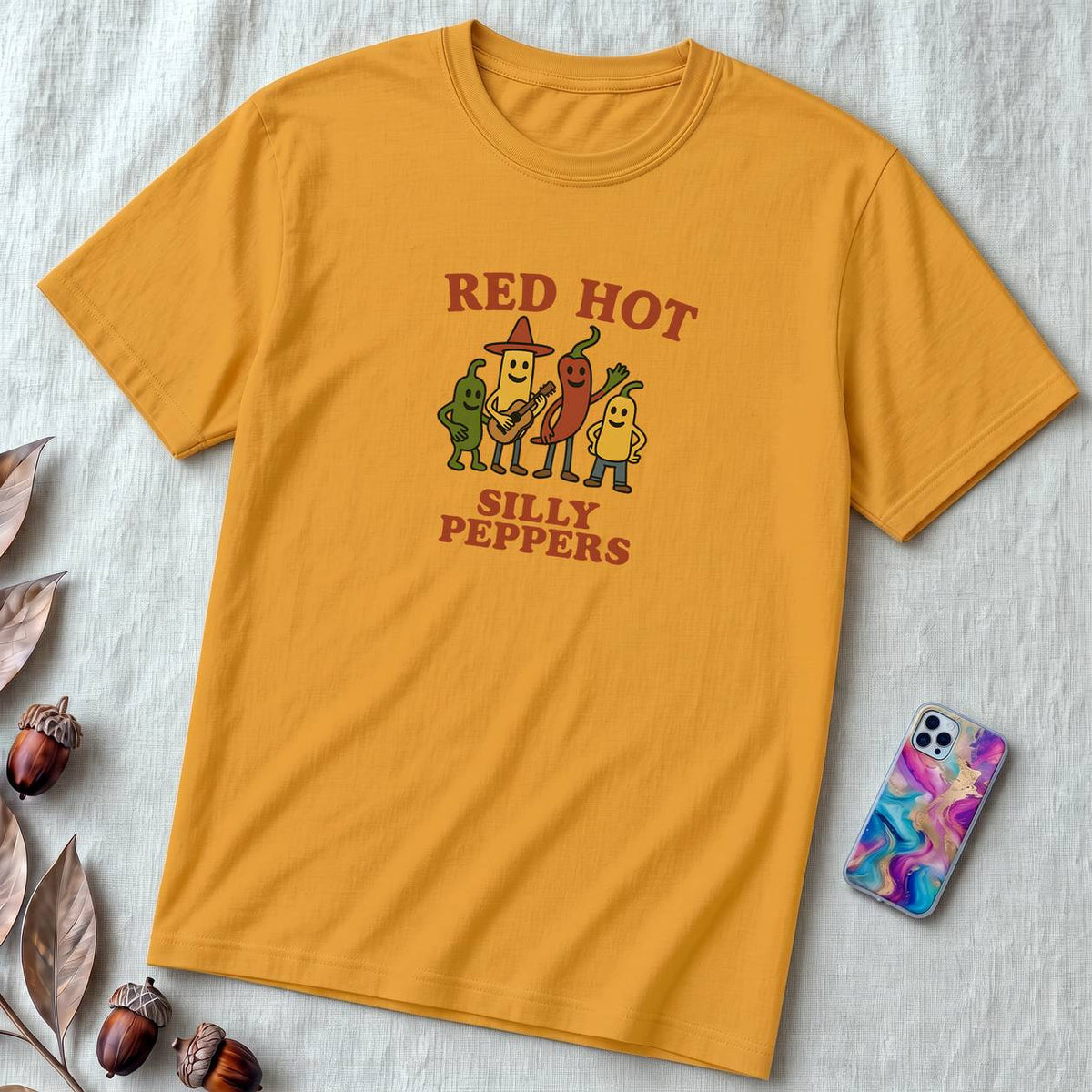Hot peppers shirt, Red hot silly pepper t-shirt, silly shirt, chili peppers tee, Funny Red Hot Band Tee | Spicy Music Shirt - Mustard unfolded t-shirt mockup