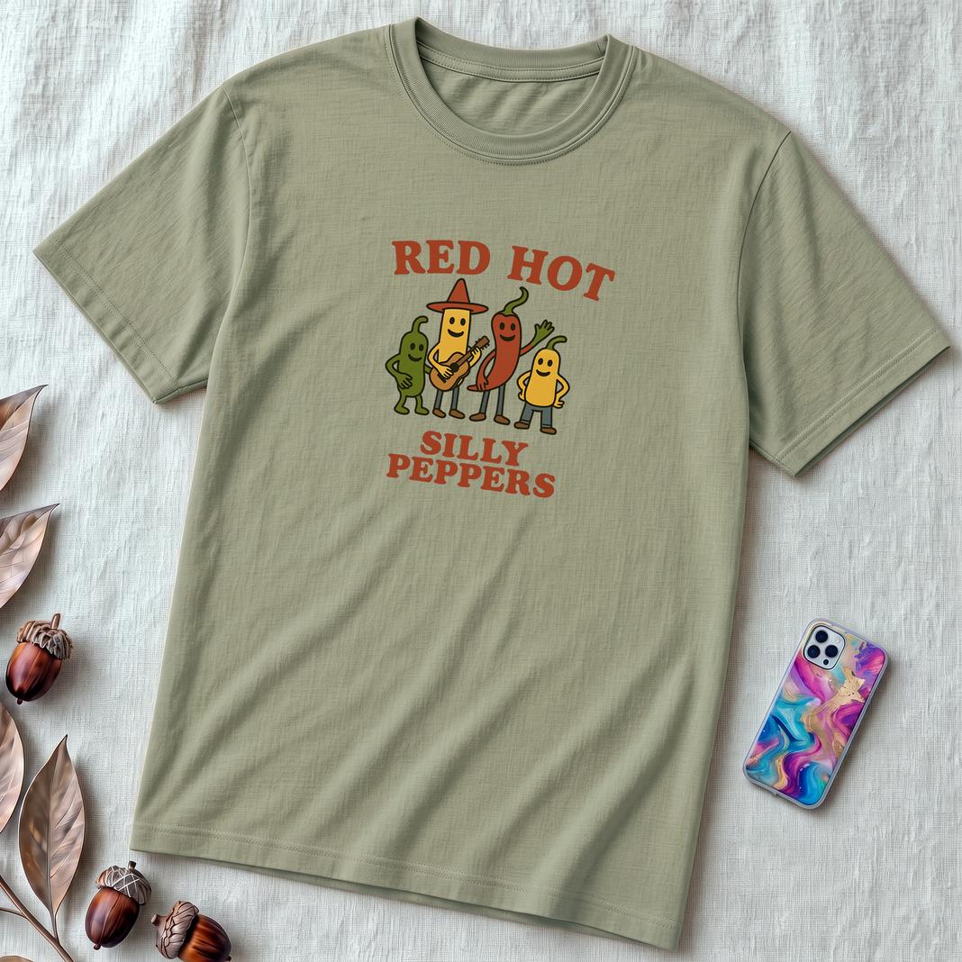 Hot peppers shirt, Red hot silly pepper t-shirt, silly shirt, chili peppers tee, Funny Red Hot Band Tee | Spicy Music Shirt - Sage unfolded t-shirt mockup