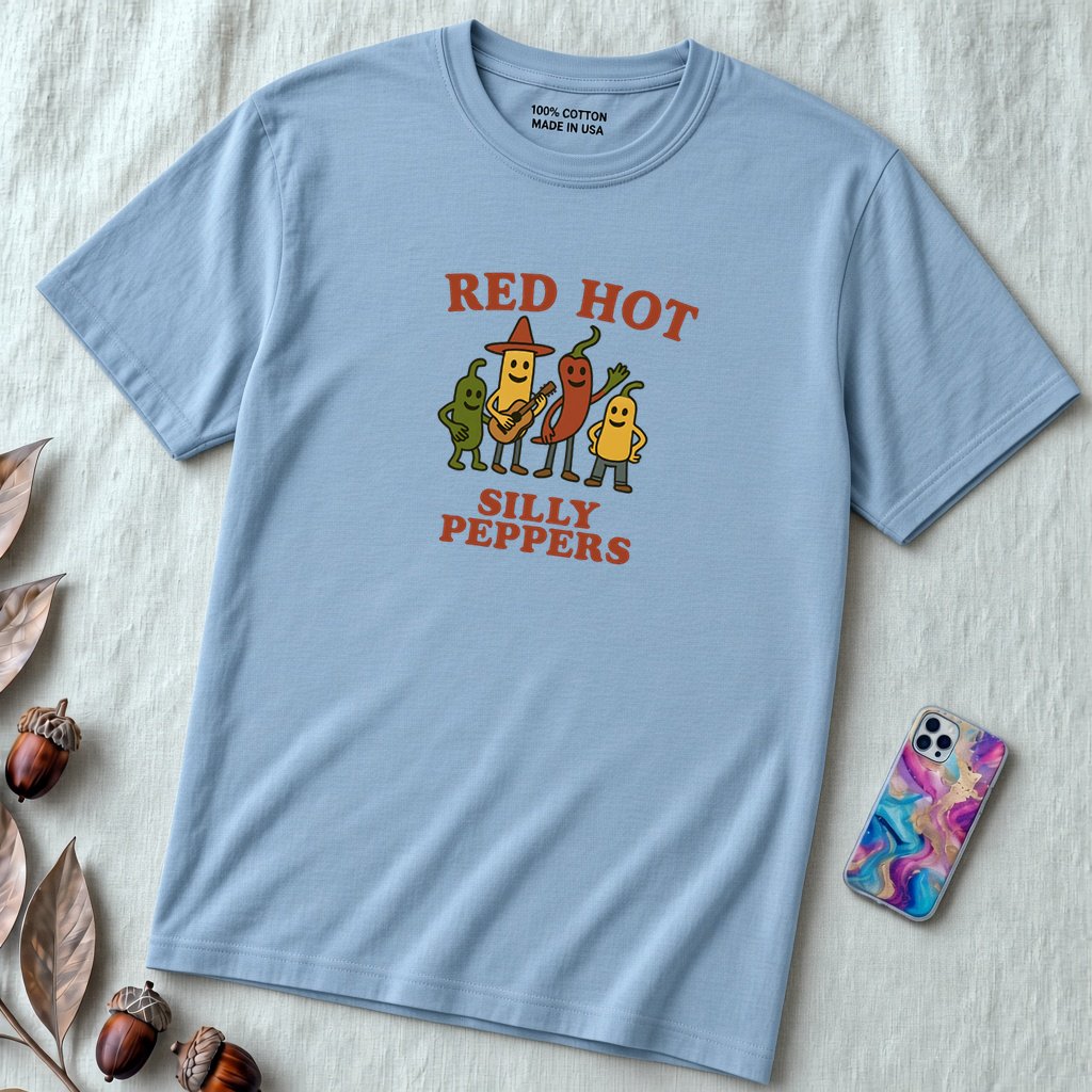 Hot peppers shirt, Red hot silly pepper t-shirt, silly shirt, chili peppers tee, Funny Red Hot Band Tee | Spicy Music Shirt - Heather Prism Dusty Blue unfolded t-shirt mockup
