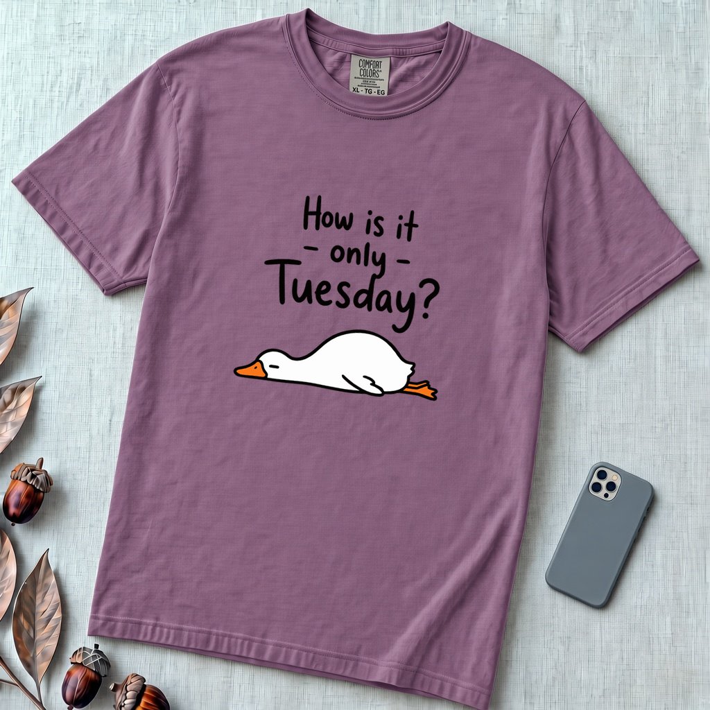 How Is It Only Tuesday? Goose Burnout T-Shirt - Berry unfolded t-shirt mockup