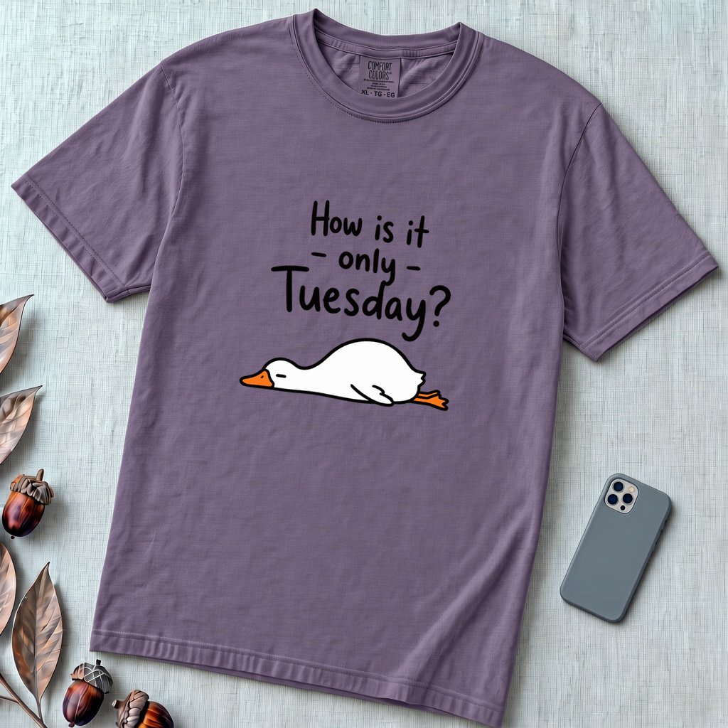 How Is It Only Tuesday? Goose Burnout T-Shirt - Grape unfolded t-shirt mockup