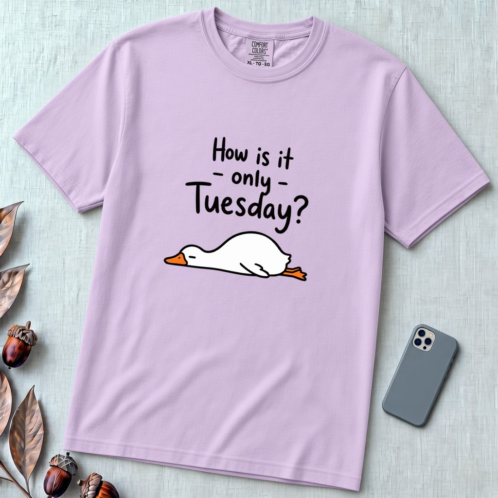 How Is It Only Tuesday? Goose Burnout T-Shirt - Orchid unfolded t-shirt mockup