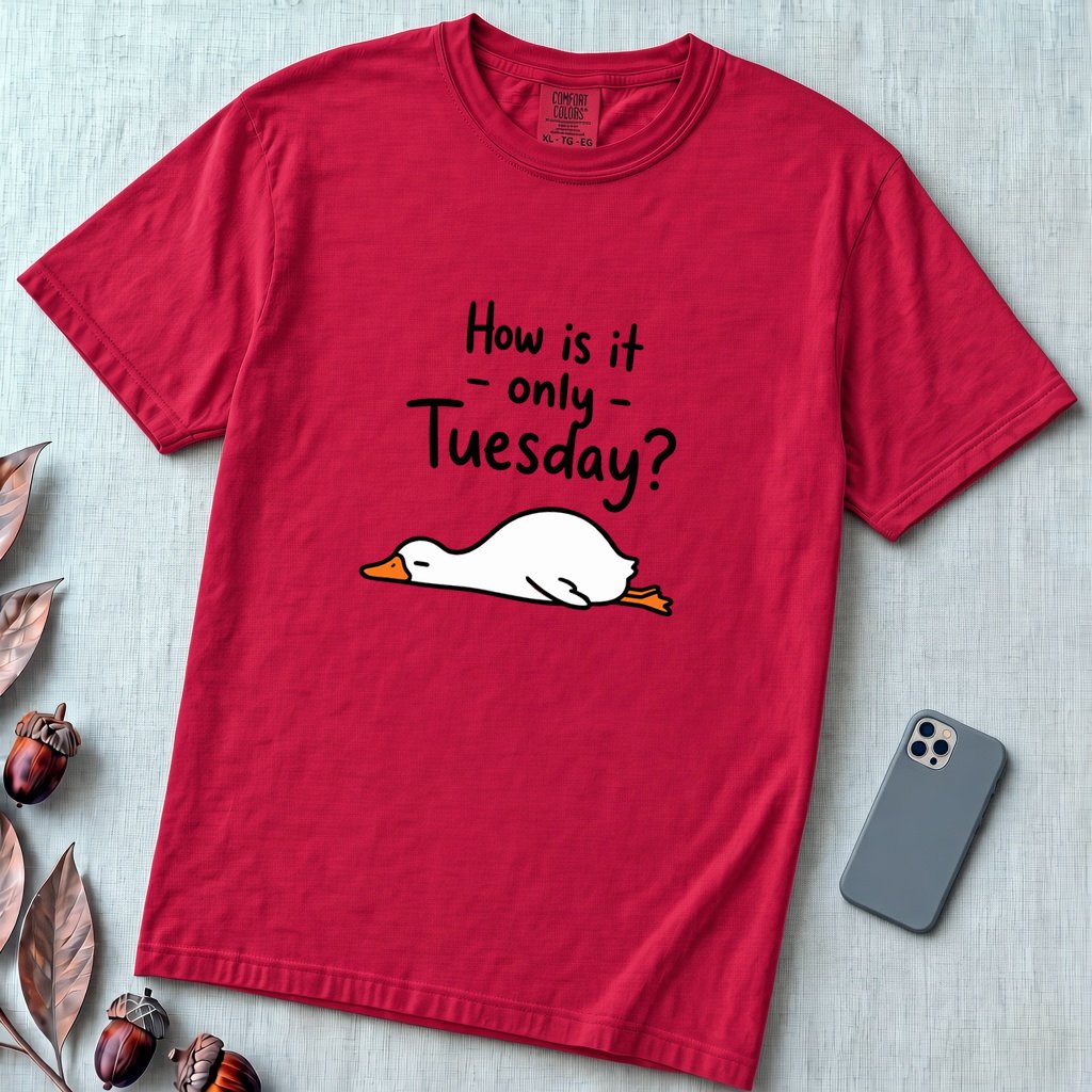 How Is It Only Tuesday? Goose Burnout T-Shirt - Red unfolded t-shirt mockup