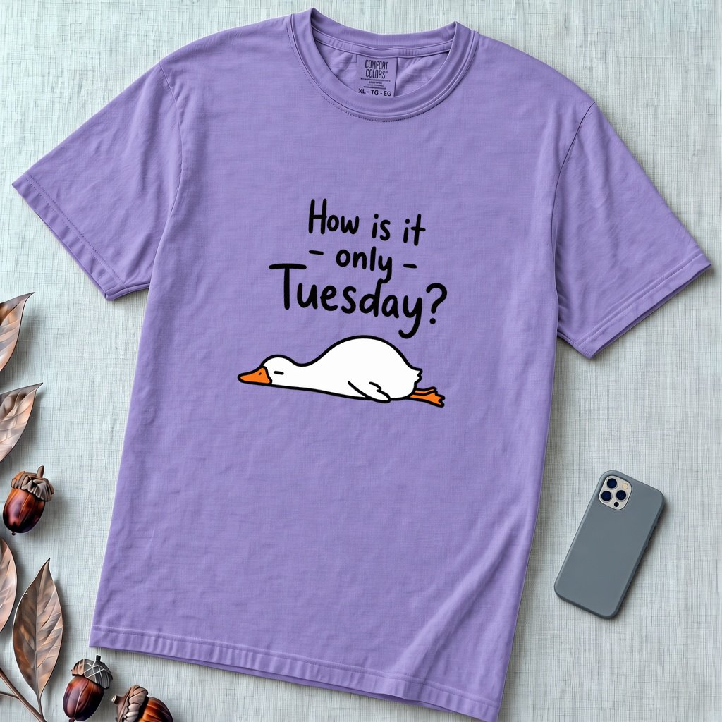 How Is It Only Tuesday? Goose Burnout T-Shirt - Violet unfolded t-shirt mockup