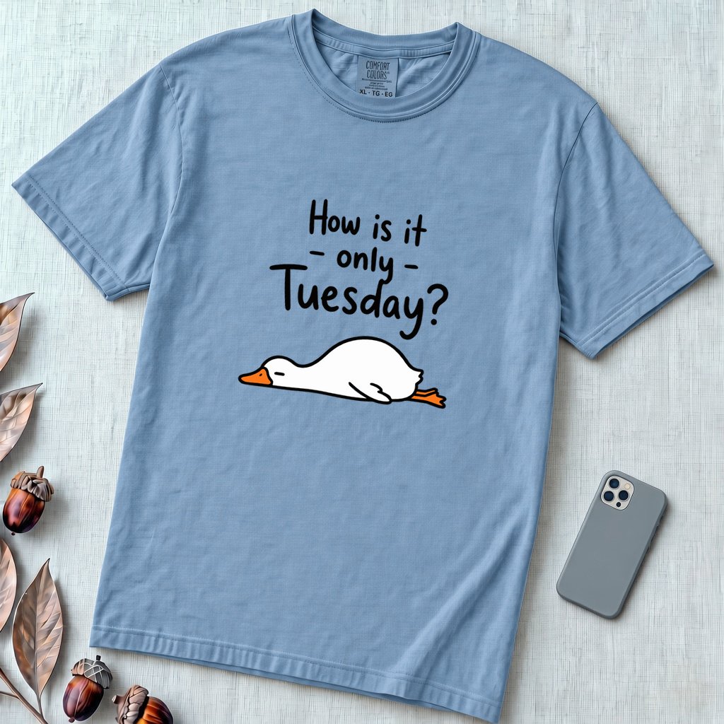 How Is It Only Tuesday? Goose Burnout T-Shirt - Washed Denim unfolded t-shirt mockup