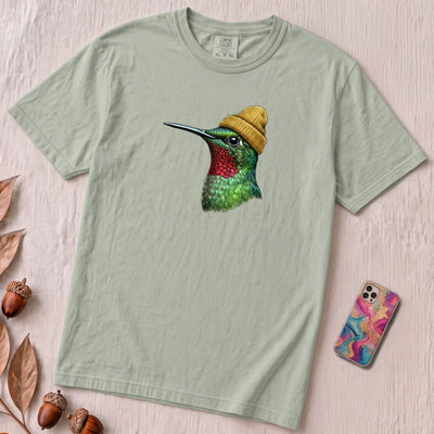 Hummingbird in a Beanie T-shirt - Bay unfolded t-shirt mockup