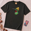 Hummingbird in a Beanie T-shirt - Black unfolded t-shirt mockup