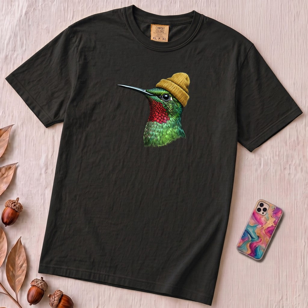 Hummingbird in a Beanie T-shirt - Black unfolded t-shirt mockup