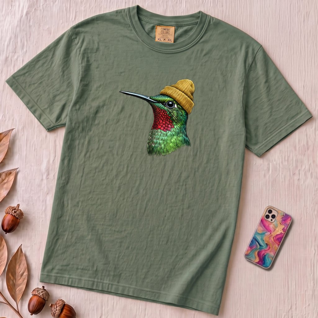 Hummingbird in a Beanie T-shirt - Blue Spruce unfolded t-shirt mockup