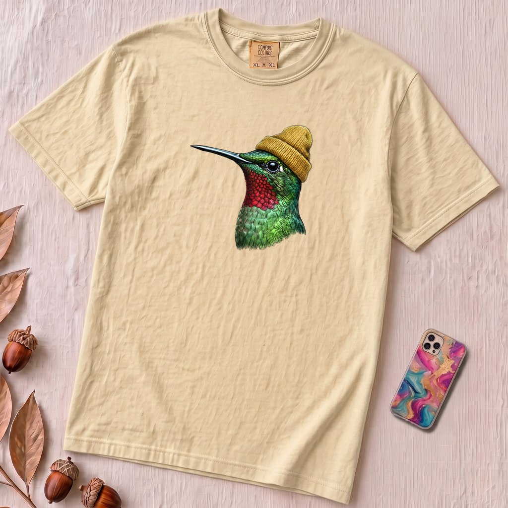 Hummingbird in a Beanie T-shirt - Ivory unfolded t-shirt mockup