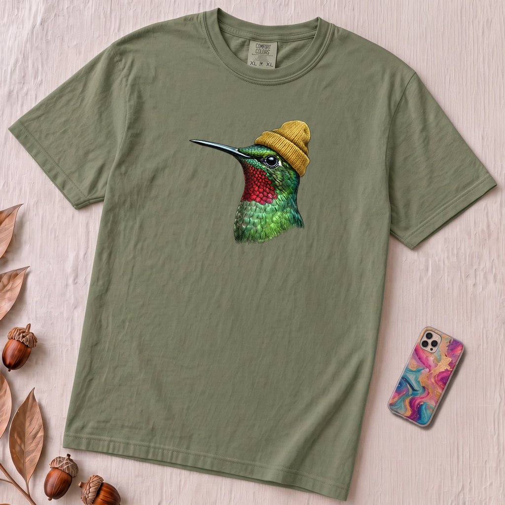 Hummingbird in a Beanie T-shirt - Moss unfolded t-shirt mockup