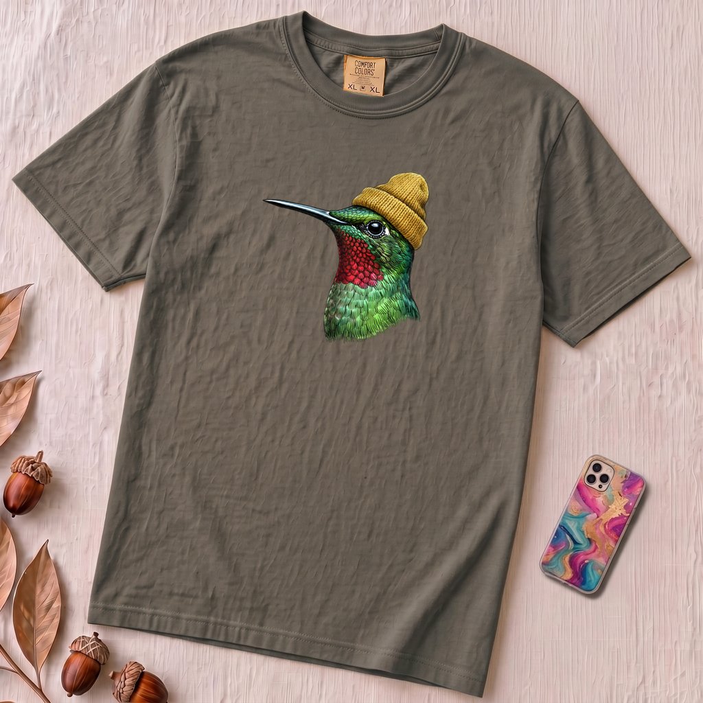 Hummingbird in a Beanie T-shirt - Pepper unfolded t-shirt mockup