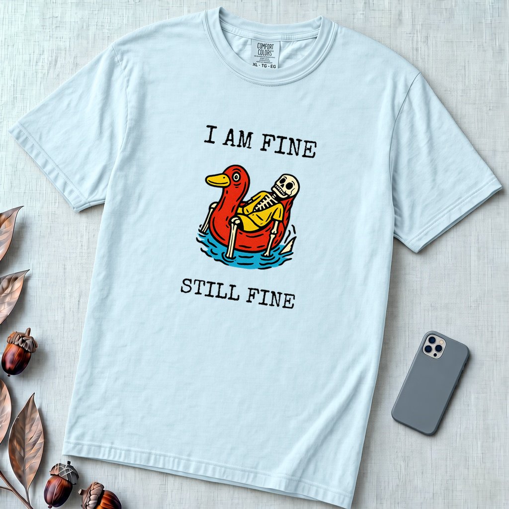I Am Fine T-Shirt, Sarcastic Summer Vibe - Chambray unfolded t-shirt mockup
