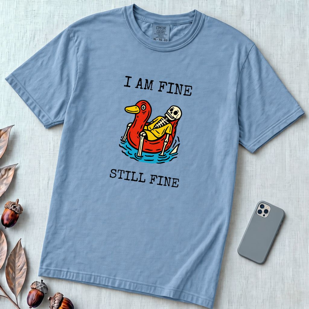 I Am Fine T-Shirt, Sarcastic Summer Vibe - Washed Denim unfolded t-shirt mockup