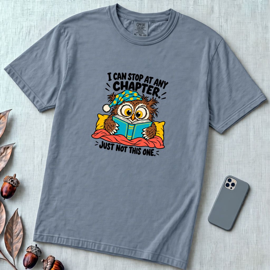 I Can Stop At Any Chapter Owl T-Shirt - Blue Jean unfolded t-shirt mockup