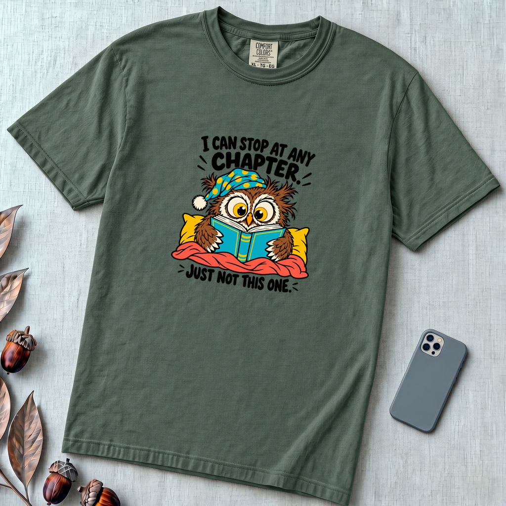 I Can Stop At Any Chapter Owl T-Shirt - Blue Spruce unfolded t-shirt mockup