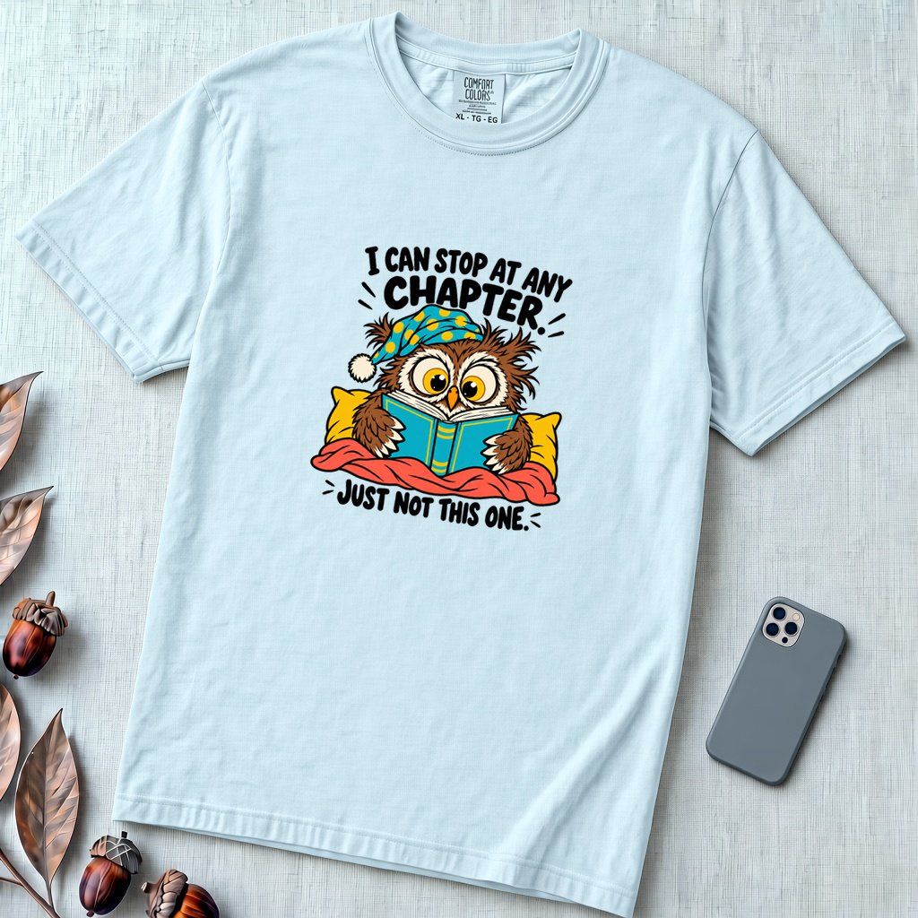I Can Stop At Any Chapter Owl T-Shirt - Chambray unfolded t-shirt mockup