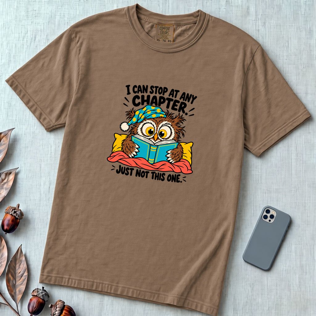 I Can Stop At Any Chapter Owl T-Shirt - Espresso unfolded t-shirt mockup