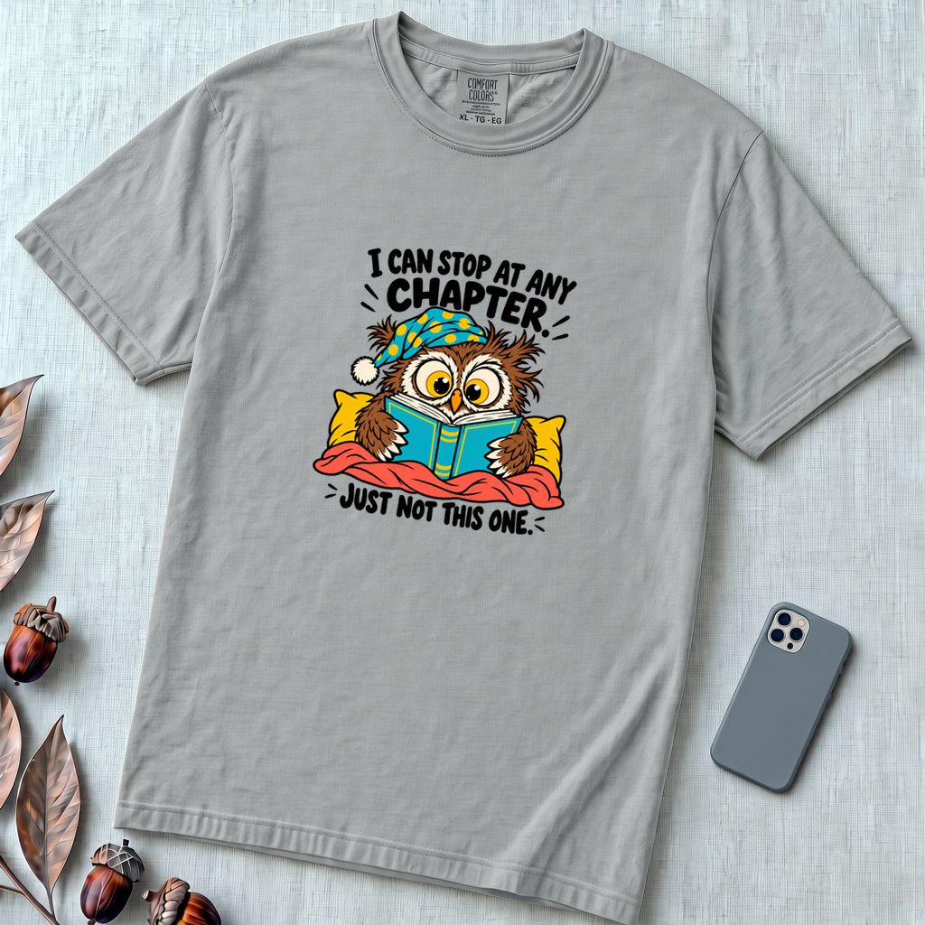 I Can Stop At Any Chapter Owl T-Shirt - Granite unfolded t-shirt mockup