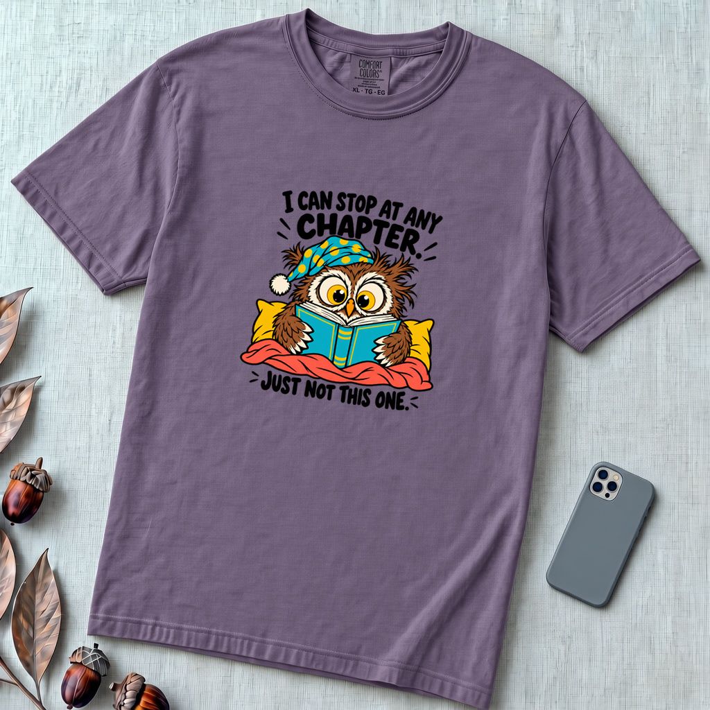 I Can Stop At Any Chapter Owl T-Shirt - Grape unfolded t-shirt mockup