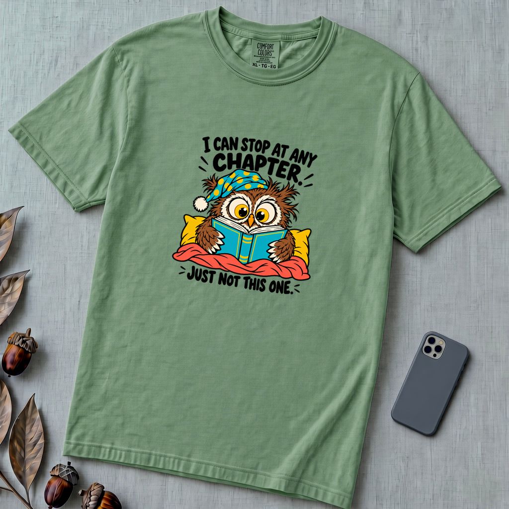 I Can Stop At Any Chapter Owl T-Shirt - Light Green unfolded t-shirt mockup