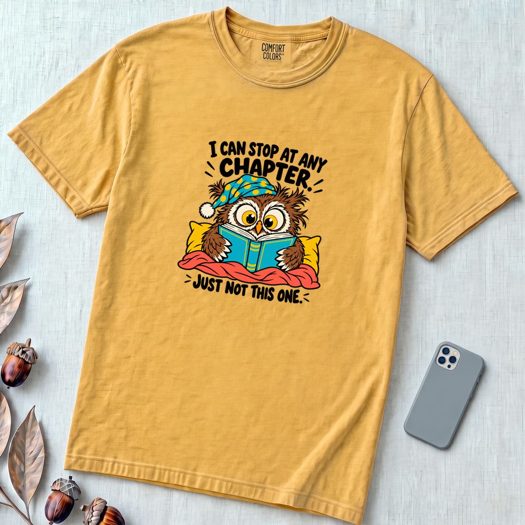 I Can Stop At Any Chapter Owl T-Shirt - Mustard unfolded t-shirt mockup
