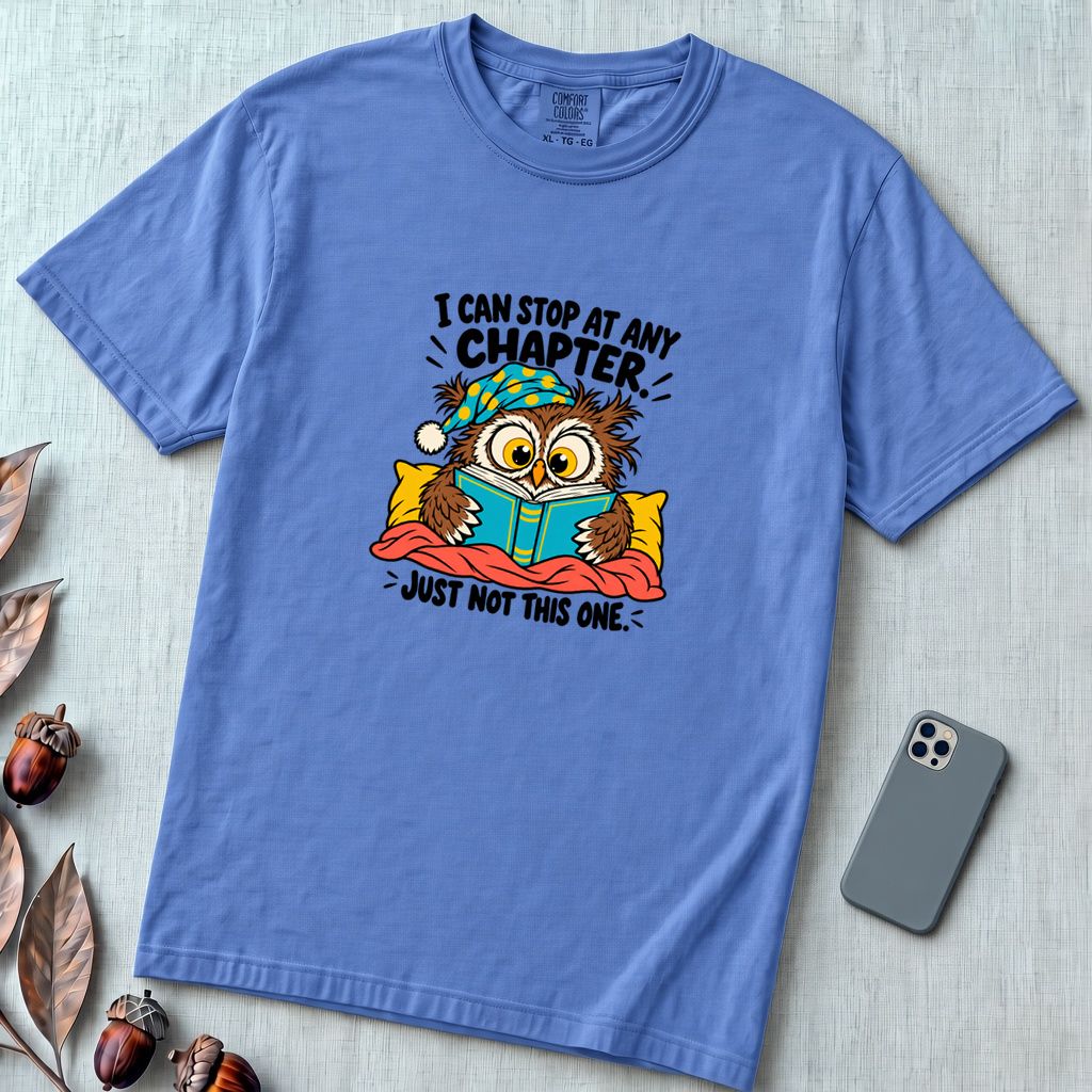 I Can Stop At Any Chapter Owl T-Shirt - Mystic Blue unfolded t-shirt mockup