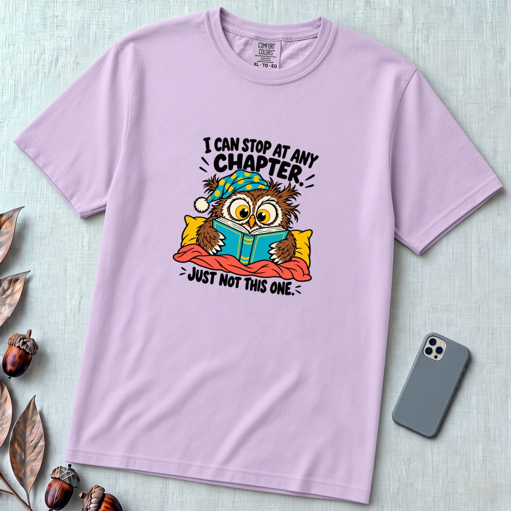 I Can Stop At Any Chapter Owl T-Shirt - Orchid unfolded t-shirt mockup