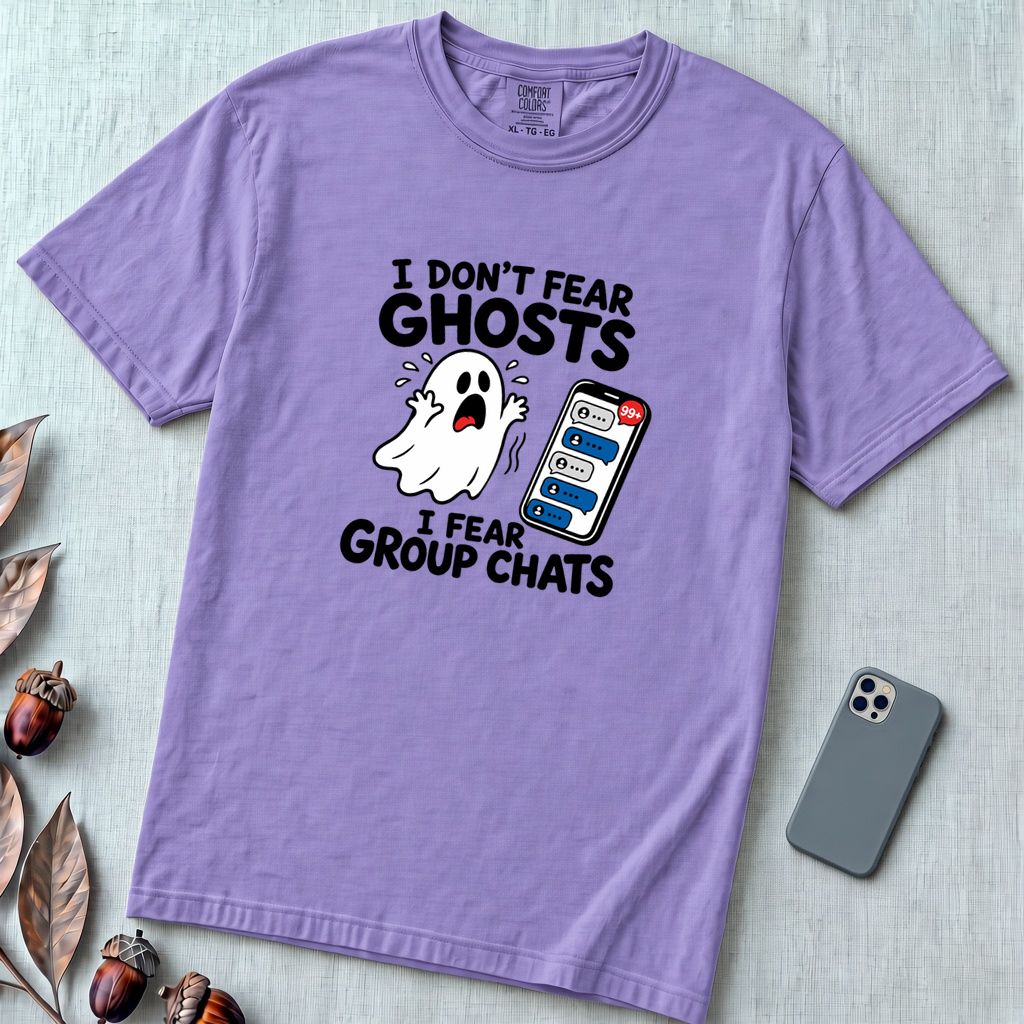 I Don’t Fear Ghosts I Fear Group Chats T-Shirt - Violet unfolded t-shirt mockup