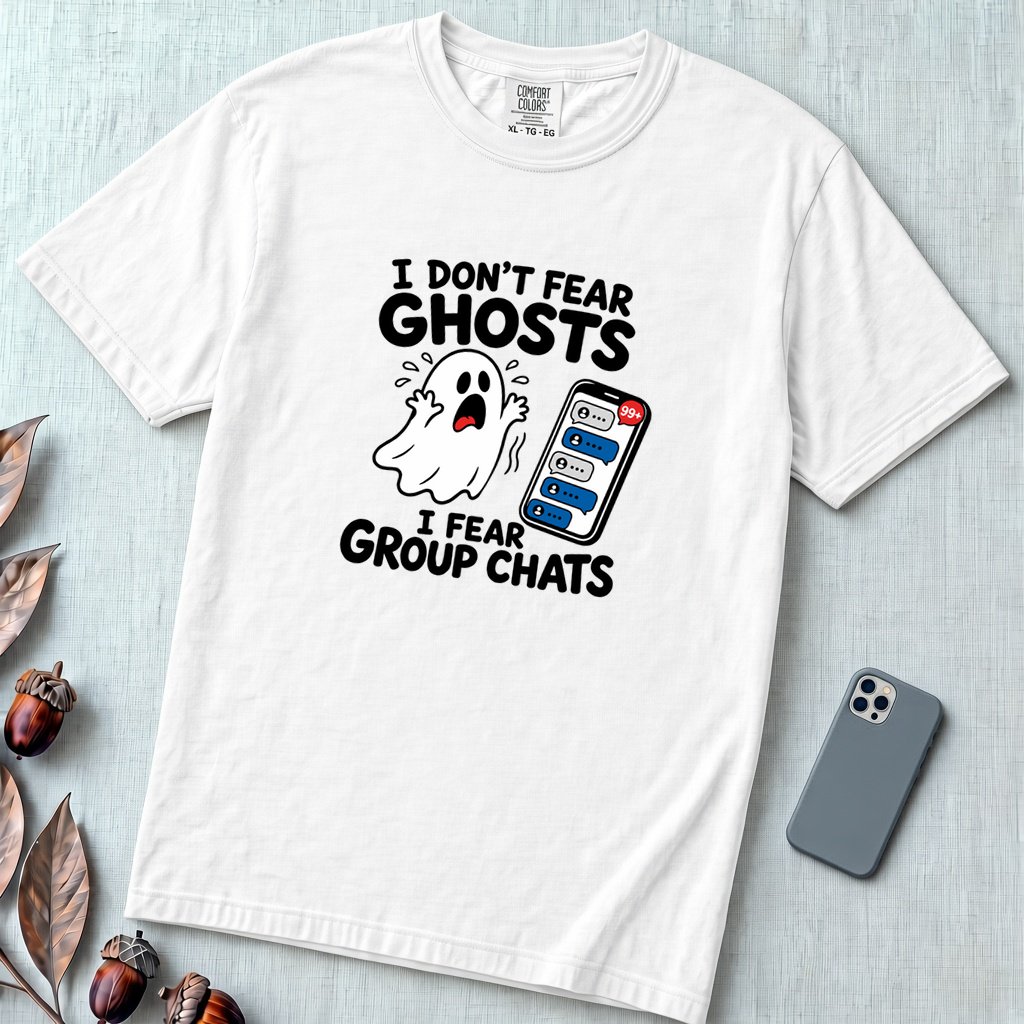 I Don’t Fear Ghosts I Fear Group Chats T-Shirt - White unfolded t-shirt mockup