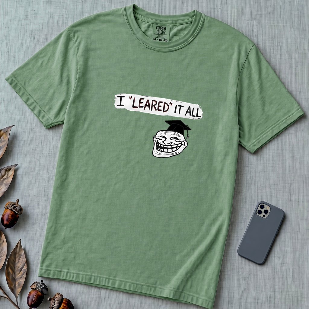 I Leared It All T-Shirt – Minnesota Learning Center Shirt Meme, Troll Face Parody Tee - Light Green unfolded t-shirt mockup