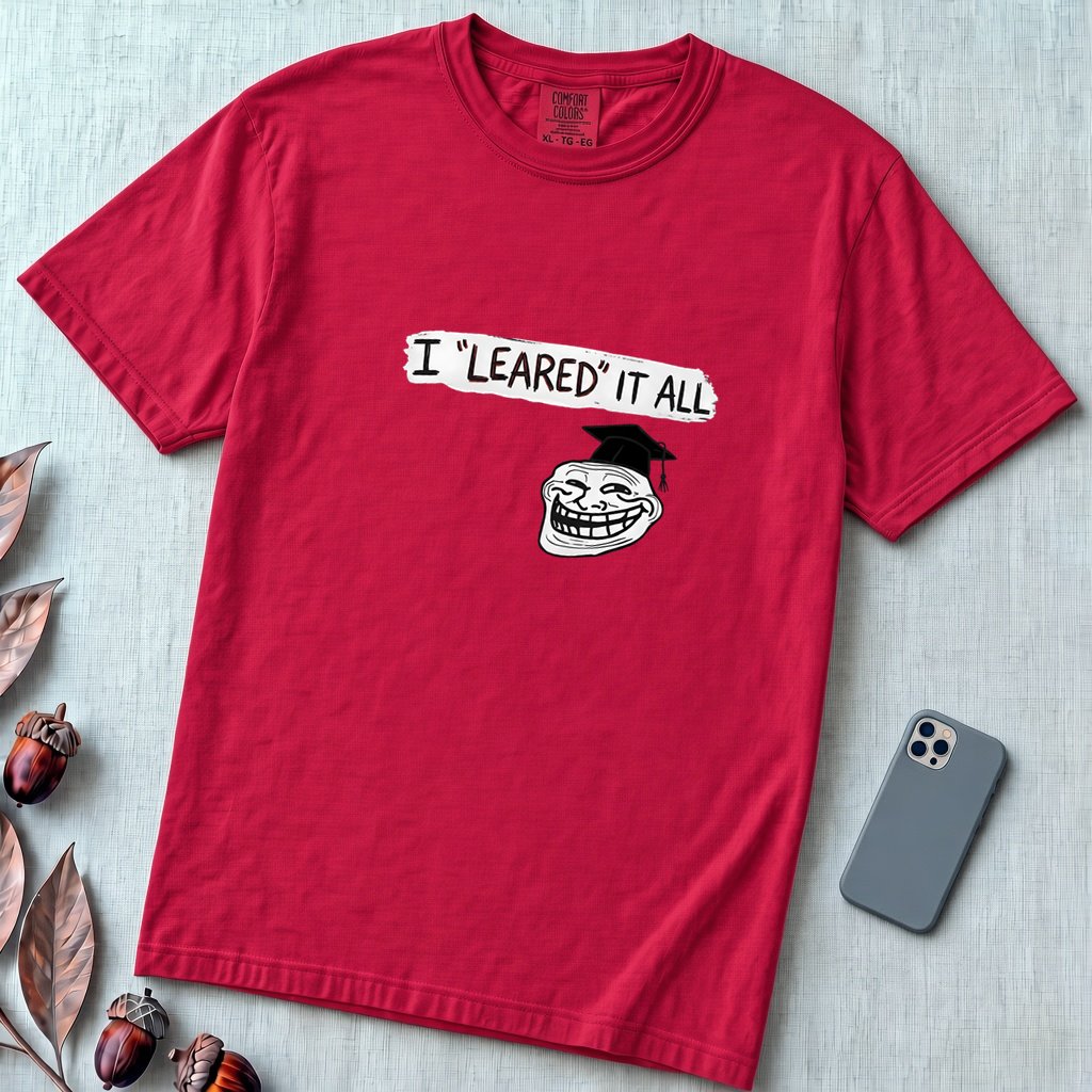 I Leared It All T-Shirt – Minnesota Learning Center Shirt Meme, Troll Face Parody Tee - Red unfolded t-shirt mockup