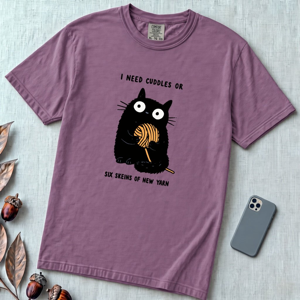 I Need Cuddles Or Six Skeins Of New Yarn T-Shirt - Berry unfolded t-shirt mockup