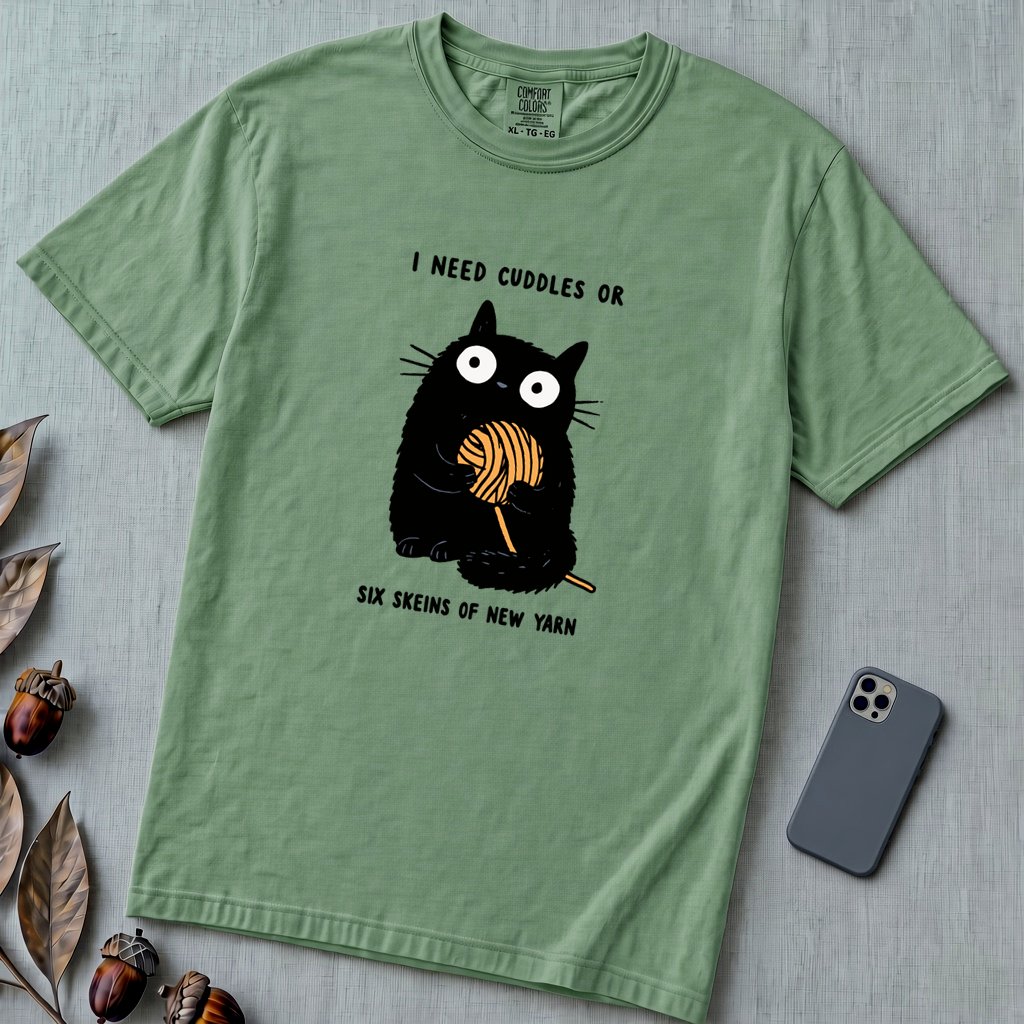 I Need Cuddles Or Six Skeins Of New Yarn T-Shirt - Light Green unfolded t-shirt mockup