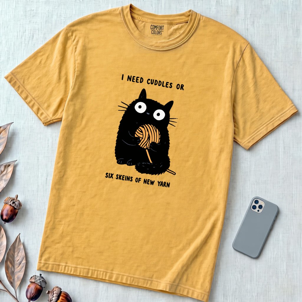 I Need Cuddles Or Six Skeins Of New Yarn T-Shirt - Mustard unfolded t-shirt mockup