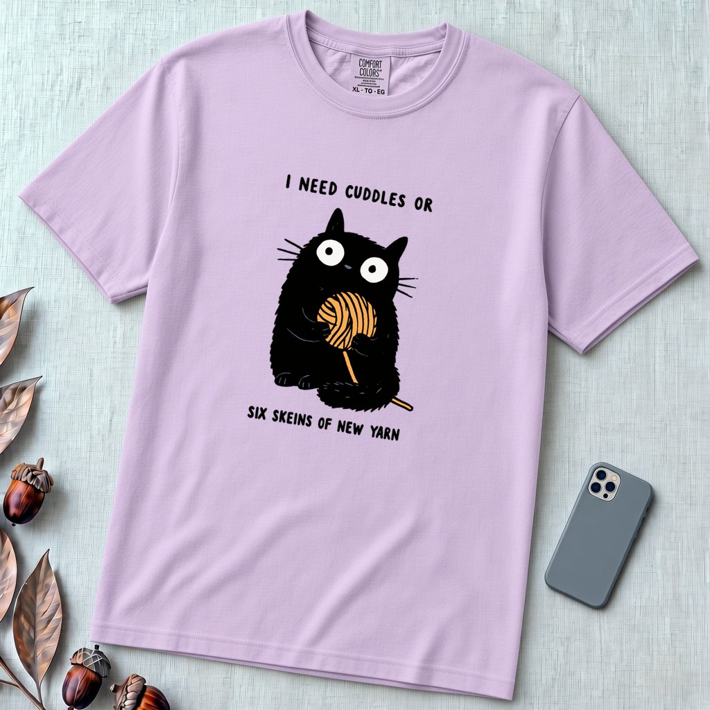 I Need Cuddles Or Six Skeins Of New Yarn T-Shirt - Orchid unfolded t-shirt mockup