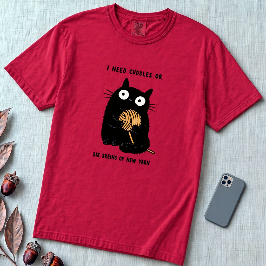 I Need Cuddles Or Six Skeins Of New Yarn T-Shirt - Red unfolded t-shirt mockup