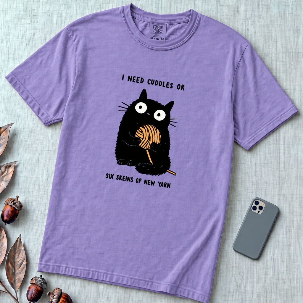 I Need Cuddles Or Six Skeins Of New Yarn T-Shirt - Violet unfolded t-shirt mockup