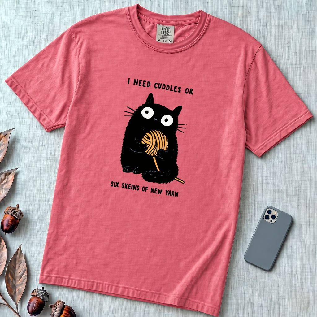 I Need Cuddles Or Six Skeins Of New Yarn T-Shirt - Watermelon unfolded t-shirt mockup